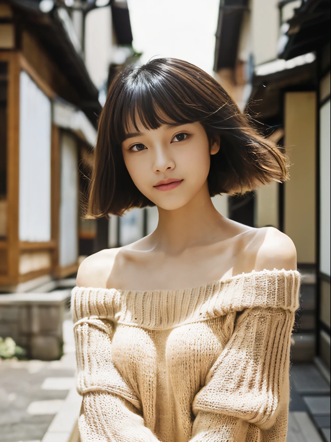 (top-quality、8K、​masterpiece:1.2),  (Cute Japan Beautiful Girl、18year old:1.4)、(Neat and beautiful face、the golden ratio:1.5)、 (Very fine eye definition, Symmetrical eyes:1.3), (Brown eyes, Parted bangs, Lustrous black hair:1.2)、(Perfect body without contradiction、Perfect limbs without contradiction:1.7)、(shinny skin:1.2)、(Beautiful large breast:1.7)、(Constricted waist:1.5)、(Off-the-shoulder loose knit、tight miniskirt:1.3) 、(bending forward:1.2)、(Looking at the camera:1.4)、outside of house、the wind、optic、blurry backround