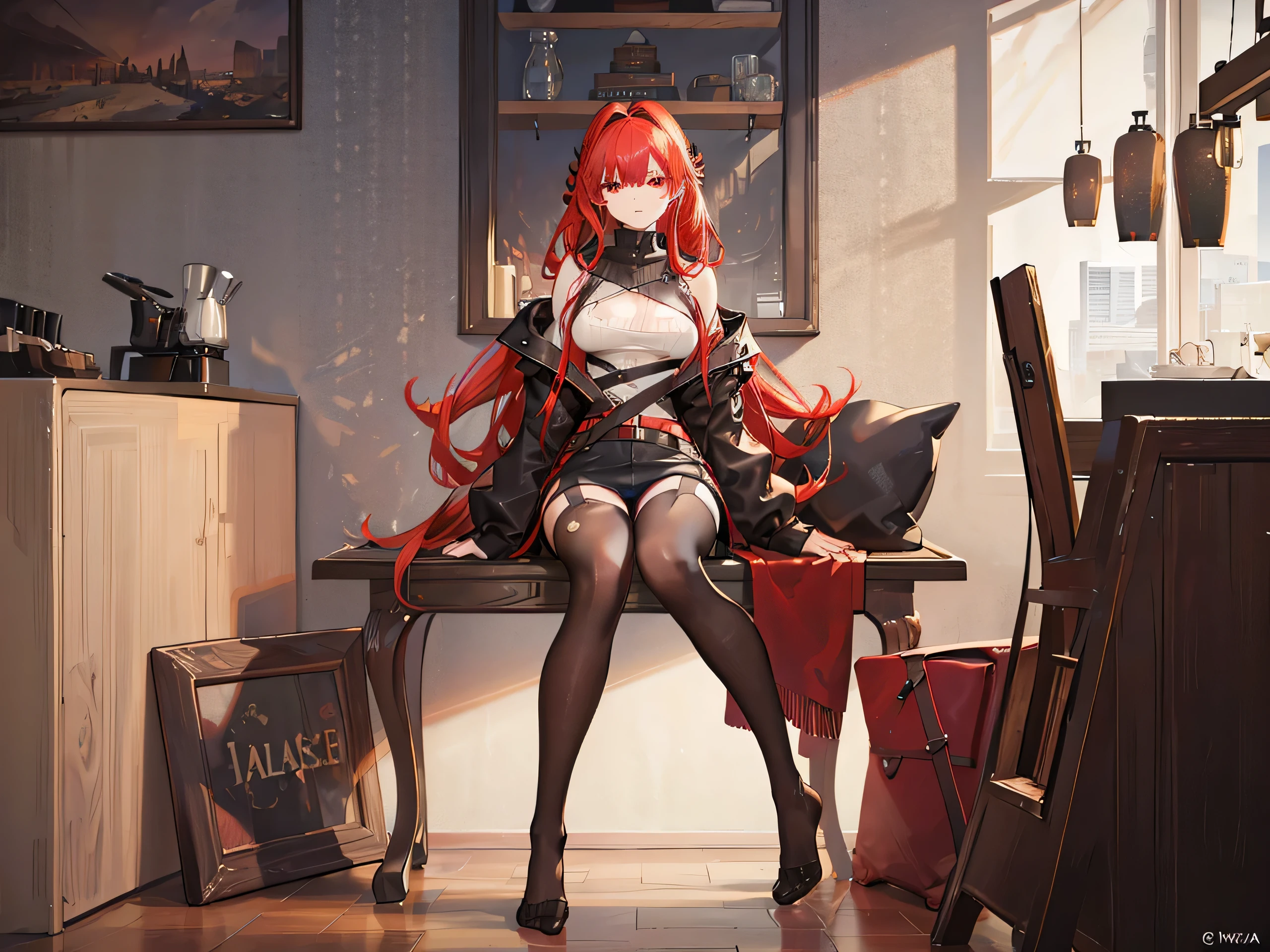 1 girl, Redhead, Updo, Streaks of hair on the face, Red eyes, mascara, Oversized hoodie, abdomen, hot pants, tights, laced tights, Sagging under the eyes, Sitting, coffee shop, Ground angle shot, Viewers looking up, feet in tights, Saggy breasts, impact, Raw photo, 8k, masterpiece,