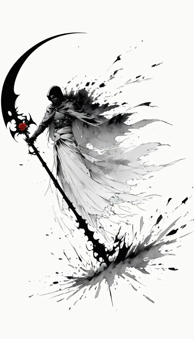 (Anime line drawing:1.5),Scythe of Death,(Black and White:1.45),Minimalism,(Line Art:1.6),sketch,charcoal drawing,Black Reaper,Rose,Ominous Red,Blood splatter