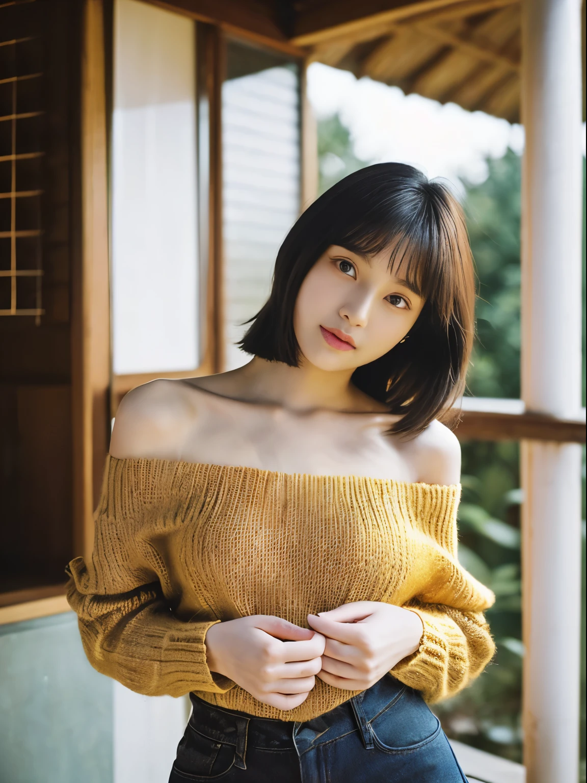 (top-quality、8K、masterpiece:1.2), (Cute Japan Beautiful Girl、18year old:1.4)、(Neat and beautiful face、the golden ratio:1.5)、 (Very fine eye definition, Symmetrical eyes:1.3), (Brown eyes, Parted bangs, Lustrous black hair:1.2)、(Perfect body without contradiction、Perfect limbs without contradiction:1.7)、(shinny skin:1.2)、(Beautiful large breast:1.7)、(Constricted waist:1.5)、(Off-the-shoulder loose knit、tight miniskirt:1.3) 、(bending forward:1.2)、(Looking at the camera:1.4)、outside of house、the wind、optic、blurry backround
