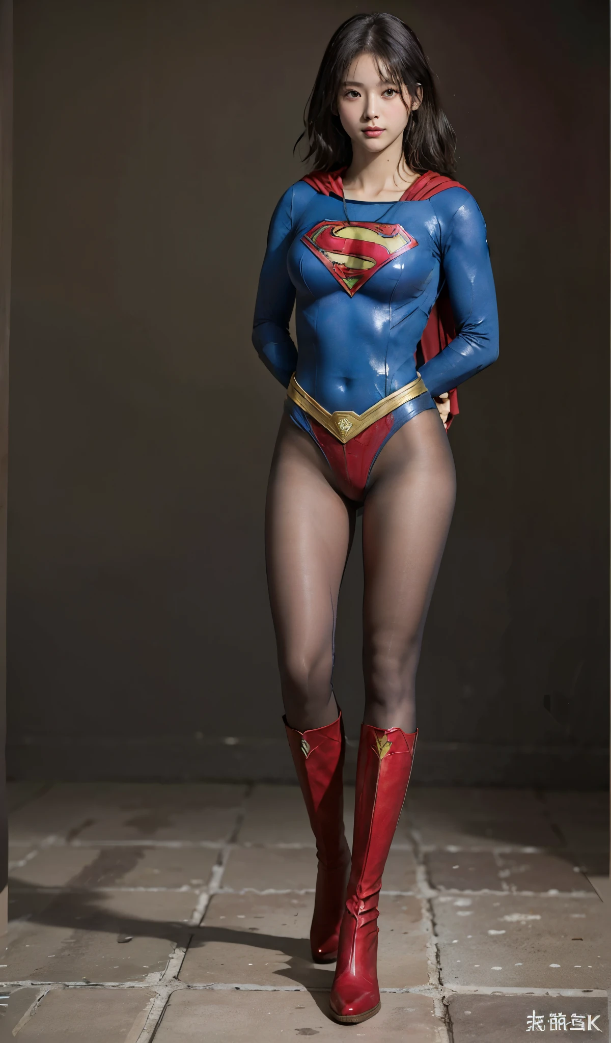 No background、(((Beautiful legs in black tights.)))、(((Legally express the beauty of your smile)))、((((Make the most of your original images)))、(((Body-fitting Supergirl costume)))、(((Supergirl Costume)))、(((Short beautiful hair)))、(((suffering)))、(((Please wear black tights....、Wear red boots)))、((Best image quality、8k))、((highest quality、8k、masterpiece:1.3))、(((Preserve background )))、Sharp focus:1.2、Beautiful woman with perfect figure:1.4、Slim Abs:1.2、Wet body:1.5、Highly detailed face and skin texture、8k