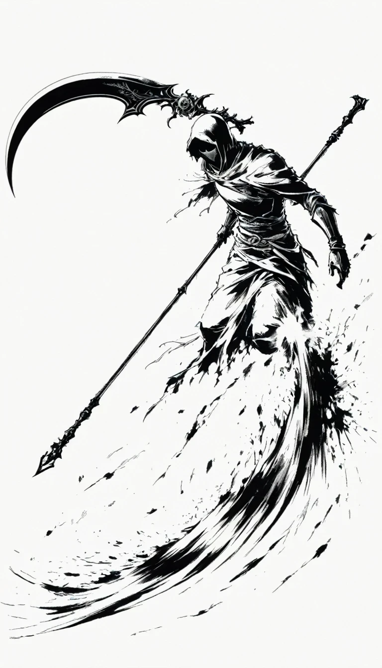 (Anime line drawing:1.5)，Scythe of Death，(Black and White:1.45)，Minimalism，(Line Art:1.6)，sketch，charcoal drawing，Black Reaper，Rose，Ominous Red，Blood splatter