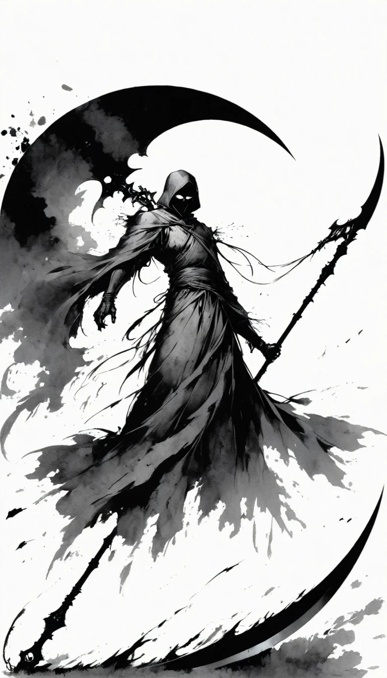 (Anime line drawing:1.5),Scythe of Death,(Black and White:1.45),Minimalism,(Line Art:1.6),sketch,charcoal drawing,Black Reaper,Rose,Ominous Red,Blood splatter