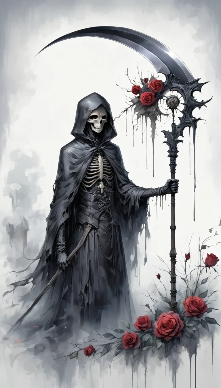 Grim Reaper holding a scythe，Gloomy eyes， Heqiang，Wilted roses，Withered Death,Simplicity，abstract，Gothic，Dark