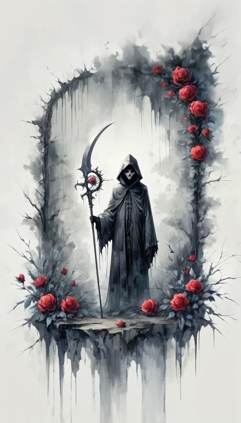 Grim Reaper holding a scythe，Gloomy eyes， Heqiang，Wilted roses，Withered Death,Simplicity，abstract，Gothic，Dark