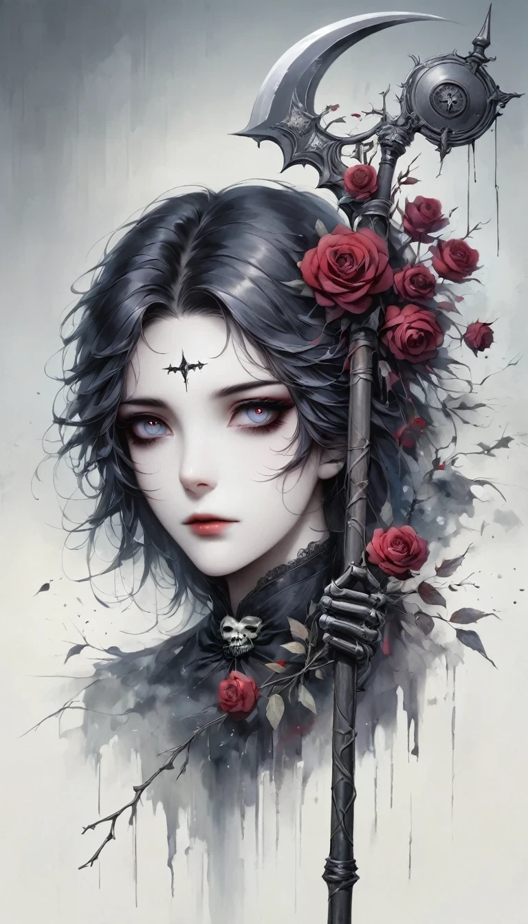 Grim Reaper holding a scythe，Gloomy eyes， Heqiang，Wilted roses，Withered Death,Simplicity，abstract，Gothic，Dark