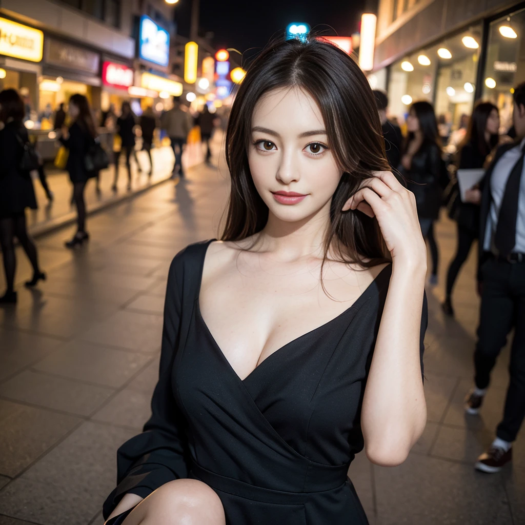 masterpiece, best quality, ultra realistic photograph, 16K, (HDR), high resolution, female_solo, ((quite a bit body, )), nice_cleavage, beautiful hourglass body, nice slender legs, looking at viewer, big eyes, ((the luxurious prettiest Korean girl in the world, Anne Hathaway mixed kim jiwon face, 24yo)), (smiling small eyed, random lower dresses), random stunning camera angle view, random perfectly camera lens, highly detailed background of random amazing stunning vibrant colorful city nightlife,