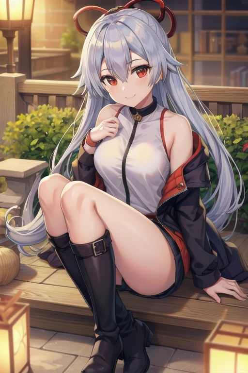 Masterpiece, best quality, tomoe gozen, torino style, 1person, red eyes, cute smile, hair between eyes, silver hair, looking at viewer, jacket on shoulders, shirt, boots, sit