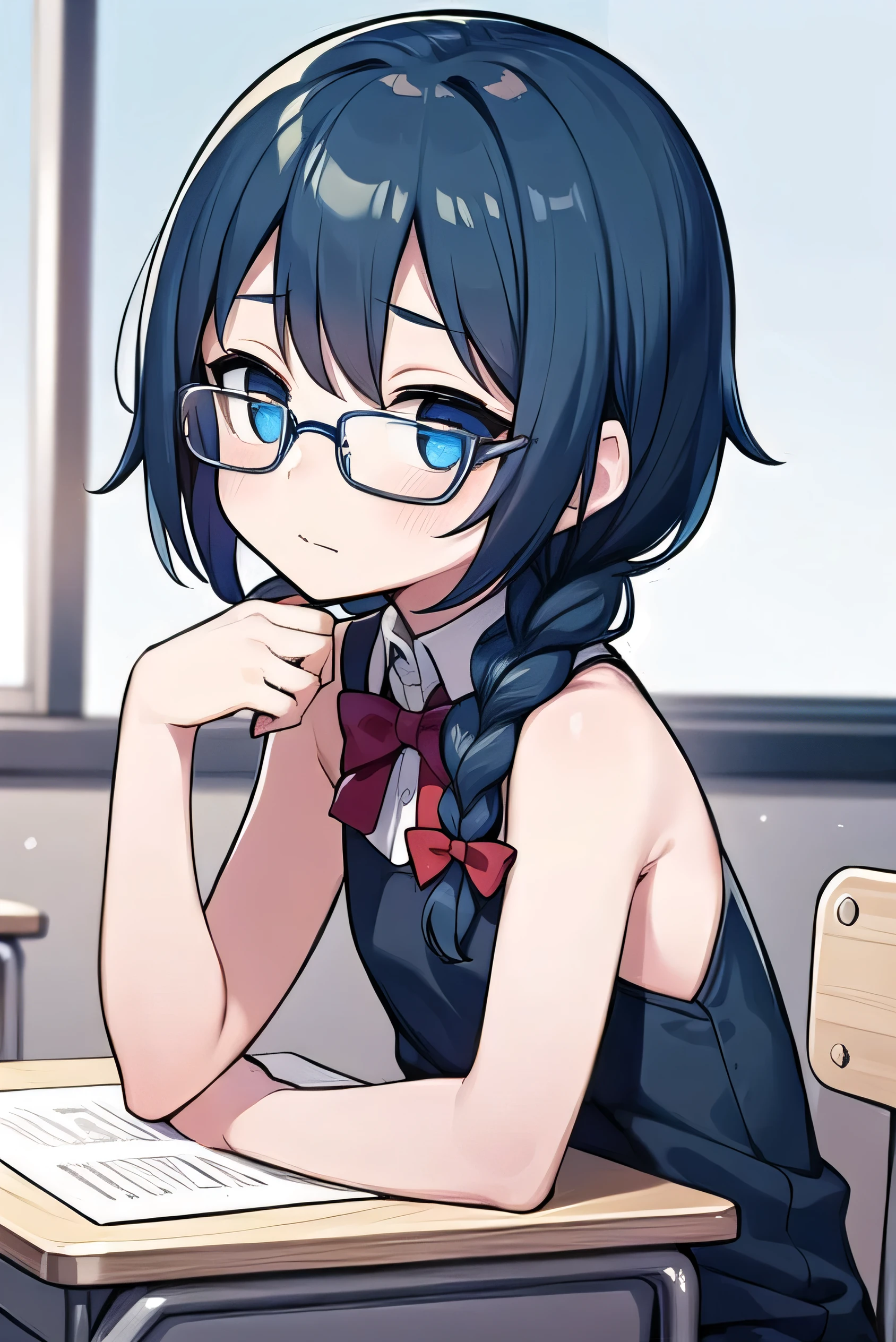 small breasted girl, short, elementary school student, blue hair, fishtail braid, blue eyes, round eyes, shy, shy, classroom, short, young face, short height, , glasses with no edges,flat chest,