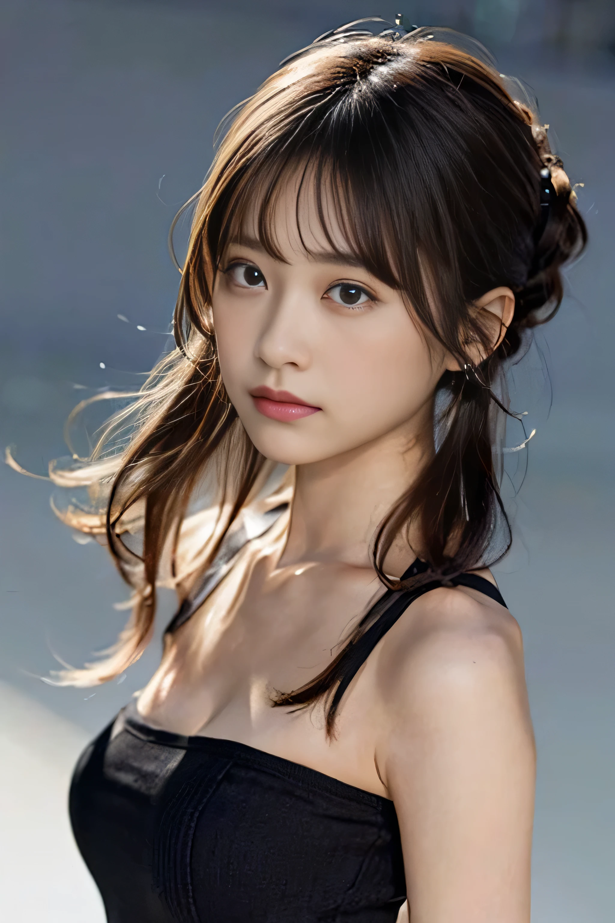 (8k、RAW Photos、Top Class Star Piece:1.2)、(Genuine、Photo genuine:1.37)、Super Fine、Ultra-high resolution、girl、1 person、Gazing Eyes、Beautiful face even in the contours、thin、(thin)Black waist):1.3)、Fine and beautiful skin、Skin Texture、Fluttering Hair、Professional Lighting、human body、Clothes that were completely torn apart、Big Breasts、Plain gray background、Expressionless、Sad expression、Hair tied up、Twin tails