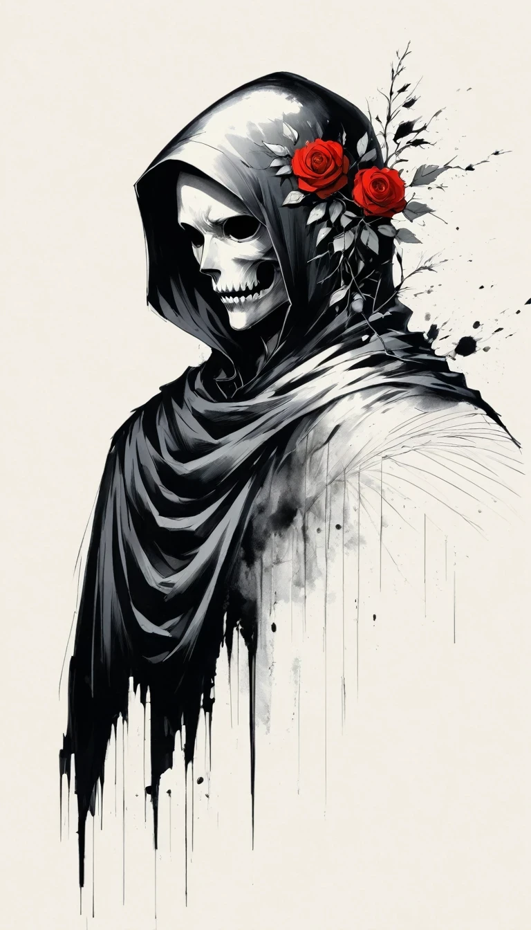 (Anime line drawing:1.5)，grim Reaper，(Black and White:1.45)，Minimalism，(Line Art:1.6)，sketch，charcoal drawing，Black Grim Reaper，Rose，Ominous Red，Blood splatter
