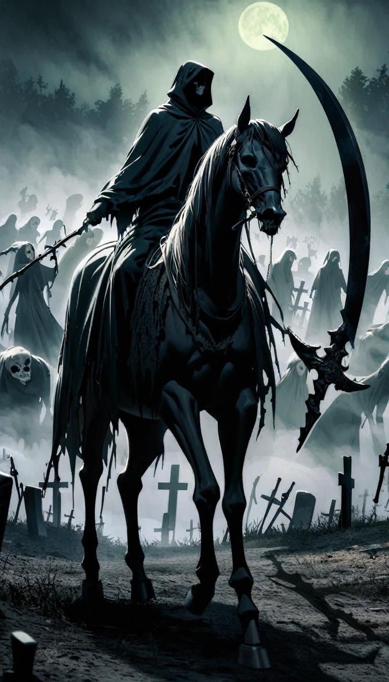 black cloak, eerie atmosphere, haunting, spectral, mysterious, moonlight, shadows,cemetery, fog, ethereal, menacing presence, death personified, eerie glow, bone-chilling, spectral horse, ghostly figure, surreal, chilling, gothic, macabre.
(best quality, highres, ultra-detailed), (dark, moody:1.1), (grim reaper:1.1), (riding on skeleton horse), (wind:0.9), (scythe:1.1), (black cloak), (eerie atmosphere:1.1), (haunting:1.1), (spectral), (mysterious:1.1), (moonlight), (shadows:1.1), (cemetery), (fog:1.1), (ethereal:1.1), (menacing presence:1.2), (death personified), (eerie glow:1.1), (bone-chilling:1.1), (spectral horse), (ghostly figure), (surreal:1.1), (chilling:1.1), (gothic:1.1), (macabre:1.1).