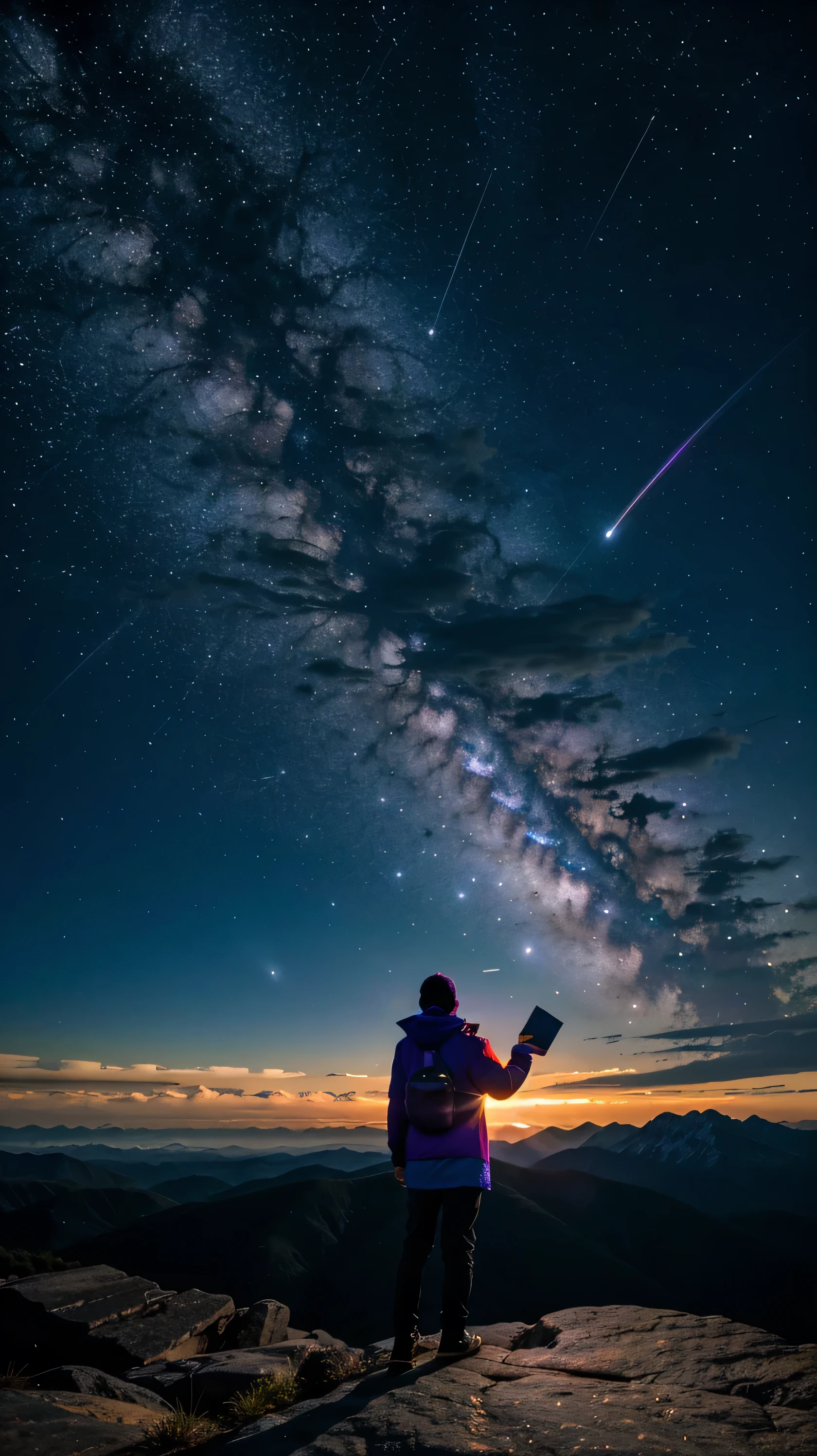 one person,Standing on the mountain and looking up at the starry sky,Alien landscape purple blue magenta tones, Rings surrounding a planet visible in the night sky, A night sky with stars
