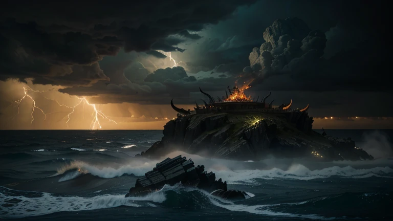 "A dramatic and intense scene depicting the two beasts from the Book of Revelation. The first beast rises from the sea, monstrous and terrifying, with ten horns and seven heads, each adorned with blasphemous names. Its body is a grotesque amalgamation of different animals, with powerful limbs and menacing claws. The second beast emerges from the earth, with two horns like a lamb but speaking like a dragon, exuding an aura of deceit and malevolence. The sky above is dark and stormy, with lightning illuminating the chaotic scene. The landscape is desolate and eerie, with jagged rocks and a turbulent sea. The overall atmosphere is one of fear and awe, capturing the apocalyptic vision described in the Book of Revelation. The image size is 16:9, providing a widescreen view of the entire scene, emphasizing the scale and terror of the moment."