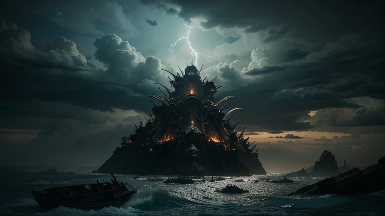 "A dramatic and intense scene depicting the two beasts from the Book of Revelation. The first beast rises from the sea, monstrous and terrifying, with ten horns and seven heads, each adorned with blasphemous names. Its body is a grotesque amalgamation of different animals, with powerful limbs and menacing claws. The second beast emerges from the earth, with two horns like a lamb but speaking like a dragon, exuding an aura of deceit and malevolence. The sky above is dark and stormy, with lightning illuminating the chaotic scene. The landscape is desolate and eerie, with jagged rocks and a turbulent sea. The overall atmosphere is one of fear and awe, capturing the apocalyptic vision described in the Book of Revelation. The image size is 16:9, providing a widescreen view of the entire scene, emphasizing the scale and terror of the moment."