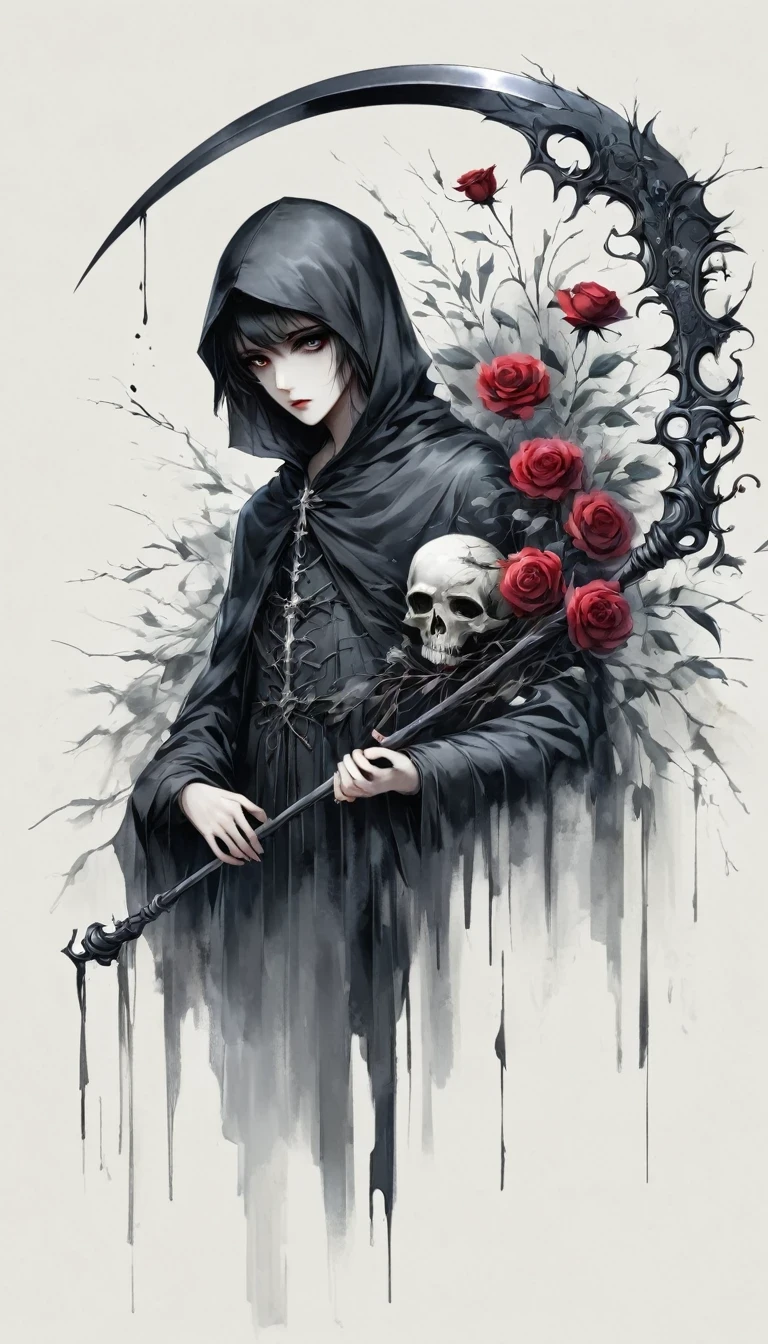 The Grim Reaper holding a withered scythe，Gloomy eyes， Heqiang，Wilted roses，Withered Death,Simplicity，abstract，Gothic，Dark