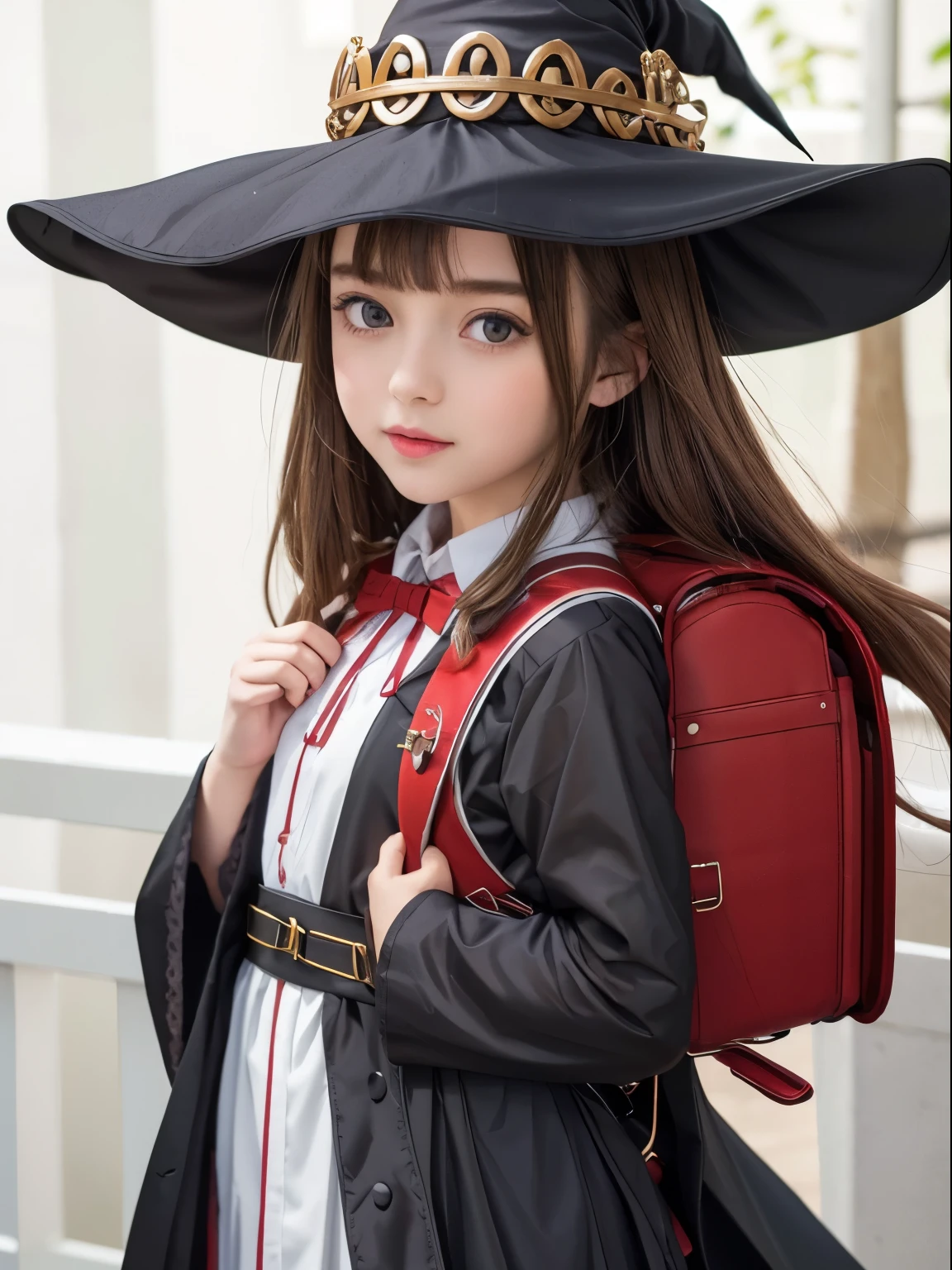 (masterpiece:1.6, best quality), (finely detailed beautiful eyes: 1.2),  realistic, cosplayer, 1girl, solo, witch hat, long hair, black headwear, brown eyes, collared shirt, hair between eyes, white collared shirt, ribbon, red ribbon, bangs, neck ribbon, bow, witch, open clothes, blush, anime coloring, hood, jewelry, floating hair, shiny hair, bowtie, black robe, wing collar, open robe, brown hair, dress shirt, standing, upper body, looking at viewer, wearing school backpack, (backpack:1.2), red backpack , outdoor 