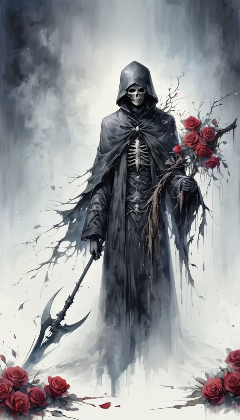 The Grim Reaper holding a withered scythe,Gloomy eyes, Heqiang,Wilted roses,Withered Death,Simplicity,abstract,Gothic,Dark