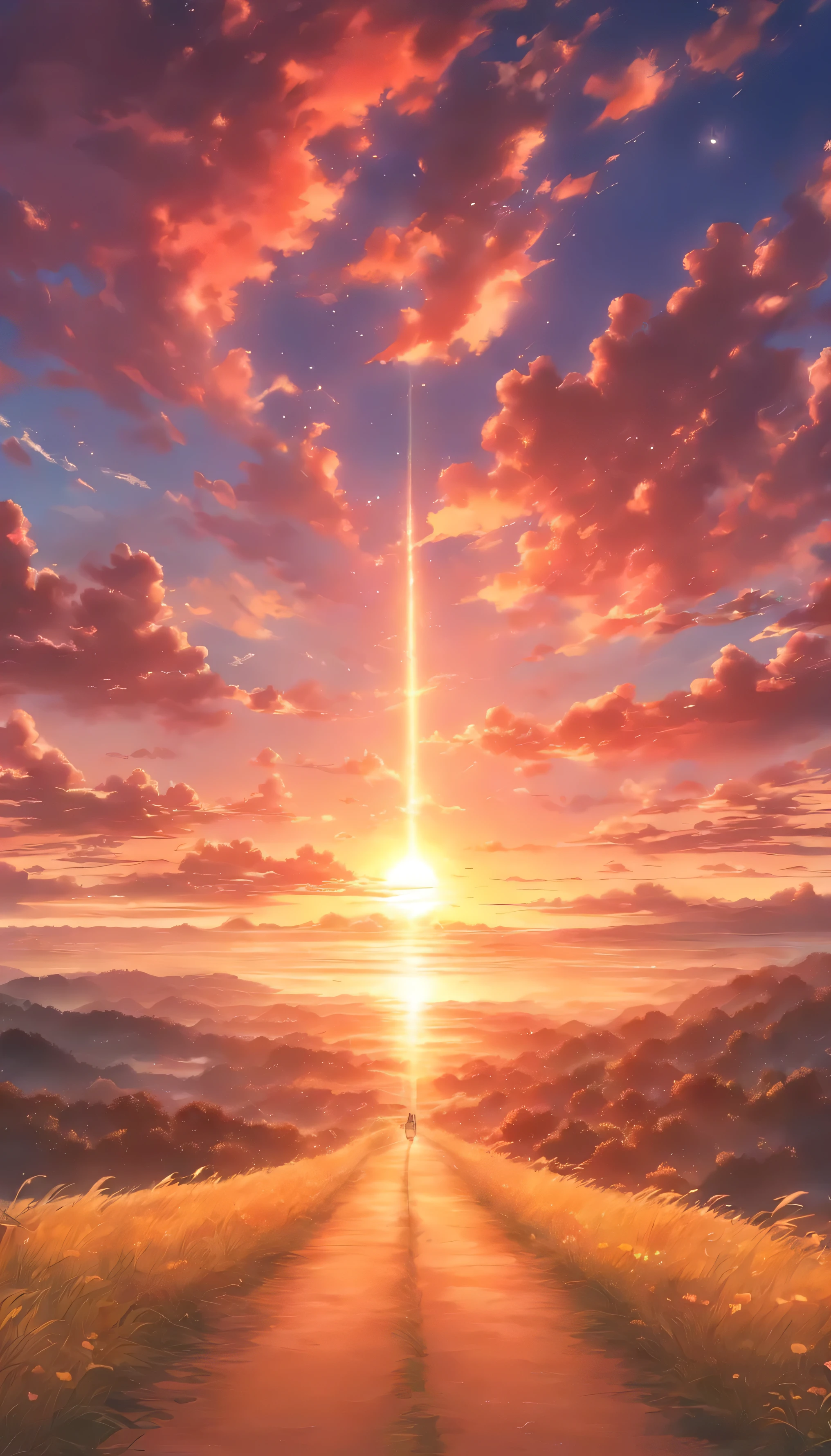 The never-ending road.Sunset、The sky is dyed with beautiful colors。Fantastic sky. crystal clear skies.High quality down to the smallest detail. fantastic landscape . People are far away no people only scenery 