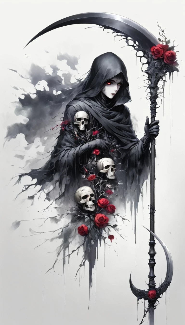 The Grim Reaper holding a withered scythe,Gloomy eyes, Heqiang,Wilted roses,Withered Death,Simplicity,abstract,Gothic,Dark