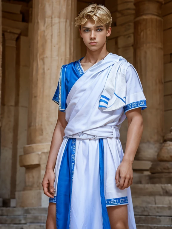 Portrait, 1boy, ************, wears Greek toga, ancient Greece, handsome, Greek model, blonde boy, blue eyes, symmetrical, focus on the boy, medium shot, slim but defined body, looking at the camera, film grain, young god greek, beauty, pose, super model