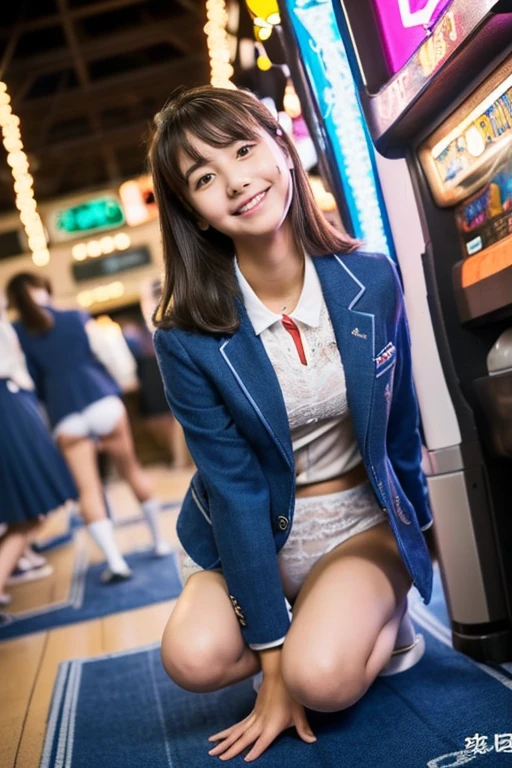 （Best image quality、highest quality、Highest Resolution、masterpiece、detailed、Actual Photos）、Beautiful and cute -yeld hischool girl、Looking into the camera、((Light brown straight hair、Pin Clip Cream、smile))、((Full Body Shot))、((Low Angle))、(Quite small)、(Quite lean body)、((Navy blue blazer uniform for public high school、Dark blue checked mini skirt:1.2))、((White open collar shirt、white lace bra and white lace panties:1.2))、((Skirt flip))、((Showing her white lace panties to the camera:1.2))、((Squat down and spread your legs wide:1.3))、((Khaki cardigan、White socks、Black Loafers))、((Take a selfie with your smartphone、Black bag with stuffed toys))、((The location is downtown Tokyo at night..、after school, Four friends playing in a crowded arcade.:1.2))、((I have a lot of friends behind me))