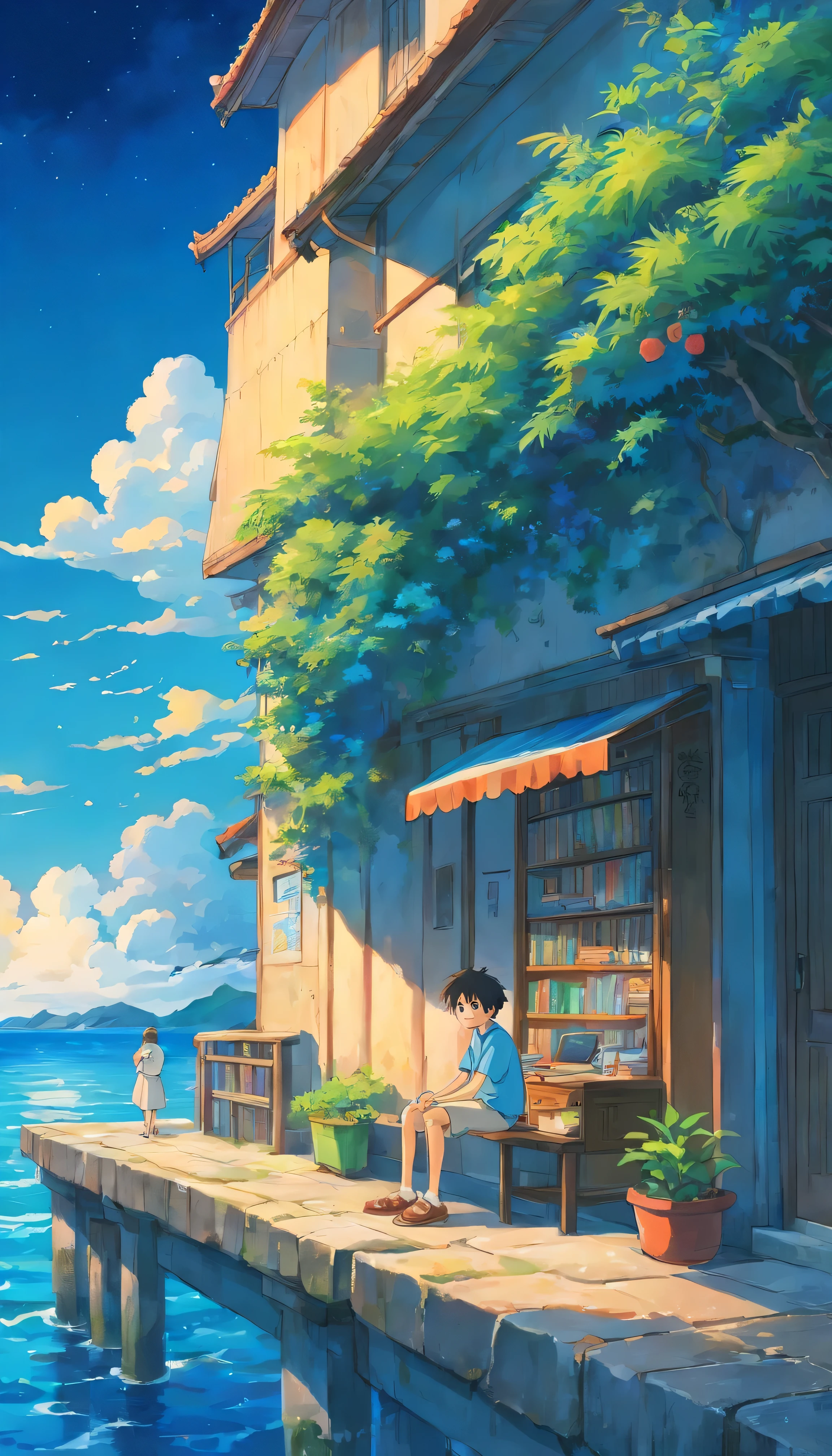 1 Boy,high school student,Solo,The endless blue evening sky,Okinawa, Ocean, , (Very detailed background:1.0), (Highly detailed background:1.0),
