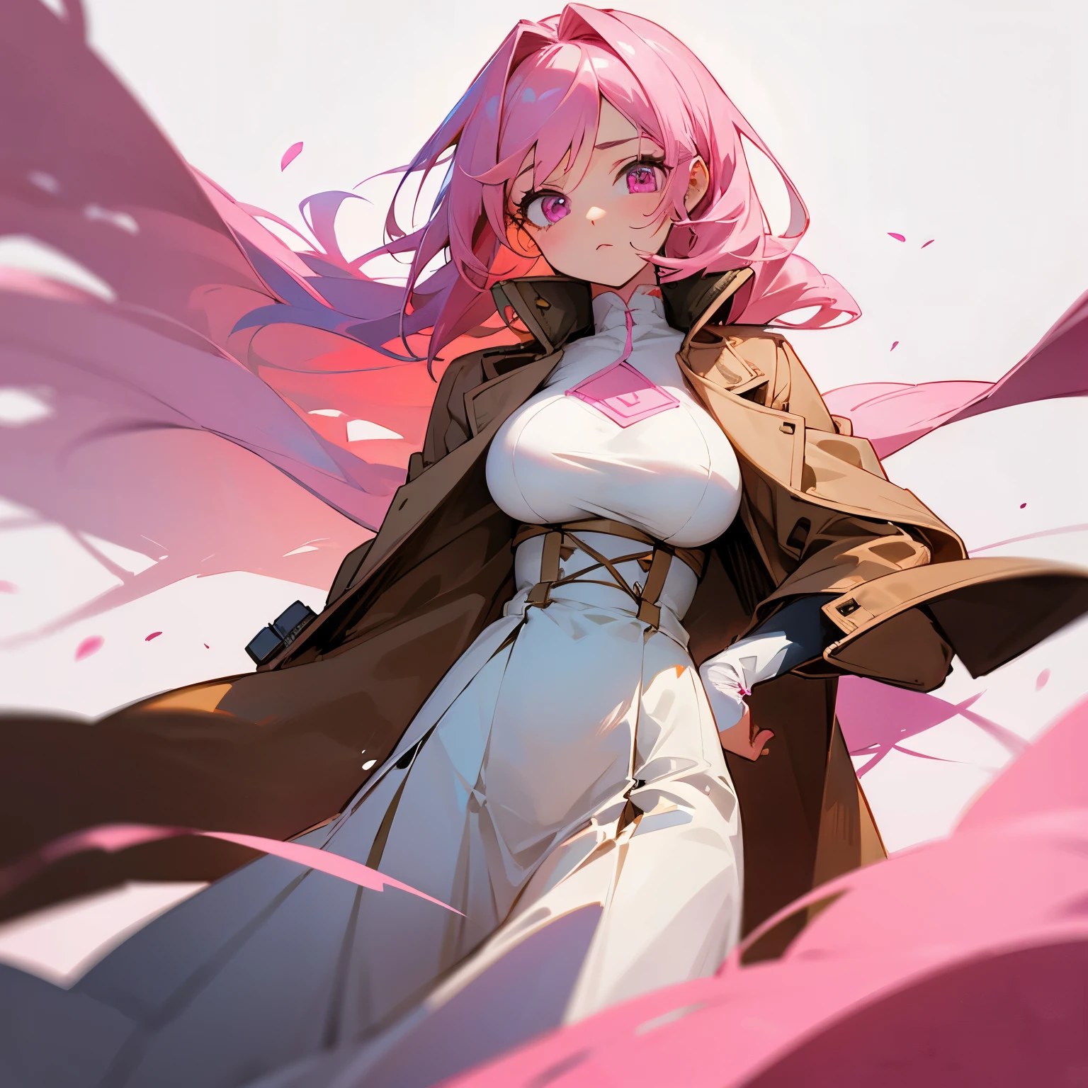 Busty anime girl with pink hair and light pink eyes wearing a brown coat and a white long skirt