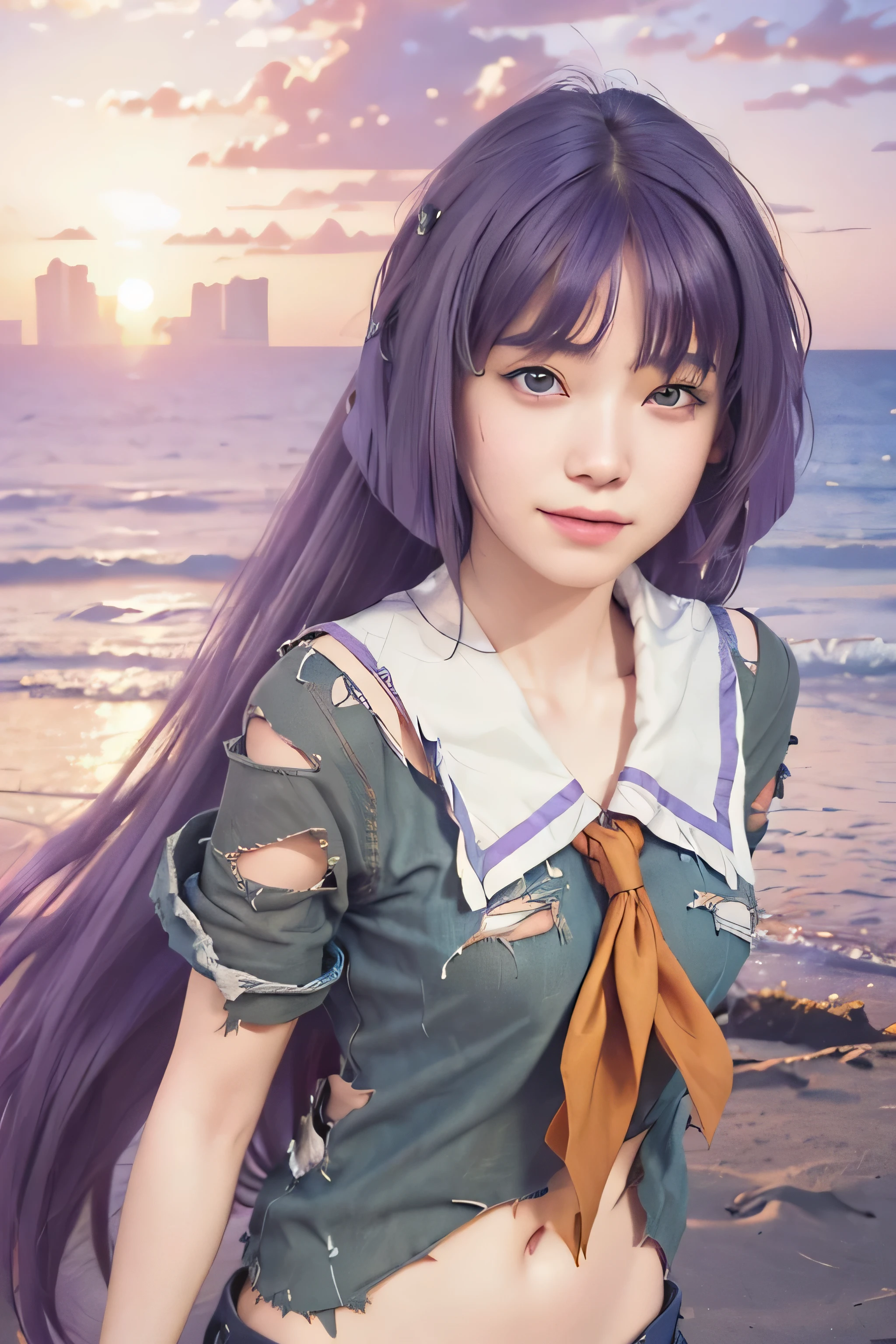 masterpiece, best quality, (realistic,photo-realistic:1.4), (RAW photo:1.2), extremely detailed CG unity 8k wallpaper, delicate and beautiful, amazing,finely detail, official art, absurdres, incredibly absurdres, huge filesize, ultra-detailed,extremely detailed eyes and face,light on face,sumire kakei,(little smile),(purple hair:1.4),(long hair:1.6),(wearing torn clothes:1.4),beach,sunset background,navel