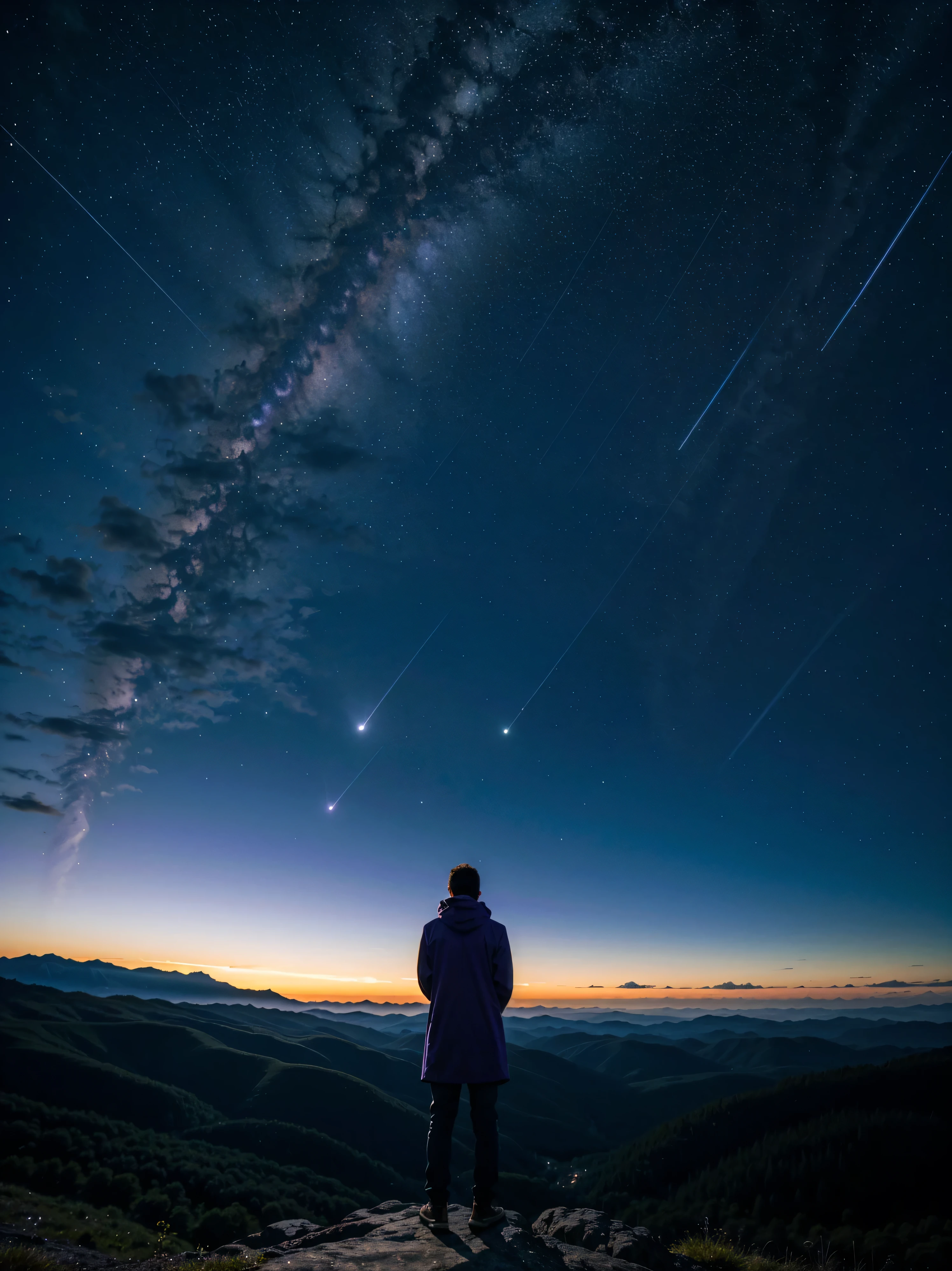 one person,Standing on the mountain and looking up at the starry sky,Alien landscape purple blue magenta tones, Rings surrounding a planet visible in the night sky, A night sky with stars