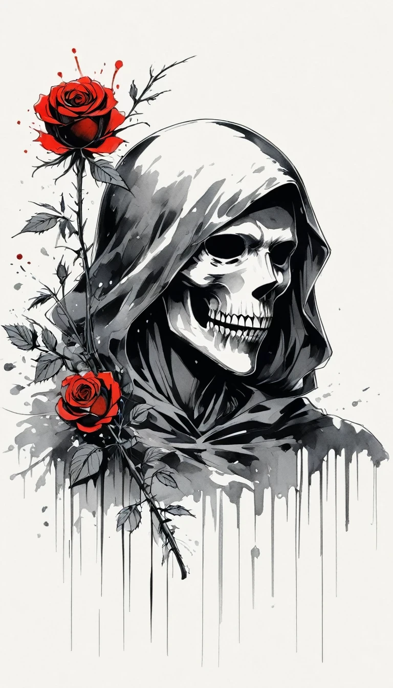 (Anime line drawing:1.5)，grim Reaper，(Black and White:1.45)，Minimalism，(Line Art:1.6)，sketch，charcoal drawing，Black Grim Reaper，Rose，Ominous Red，Blood splatter