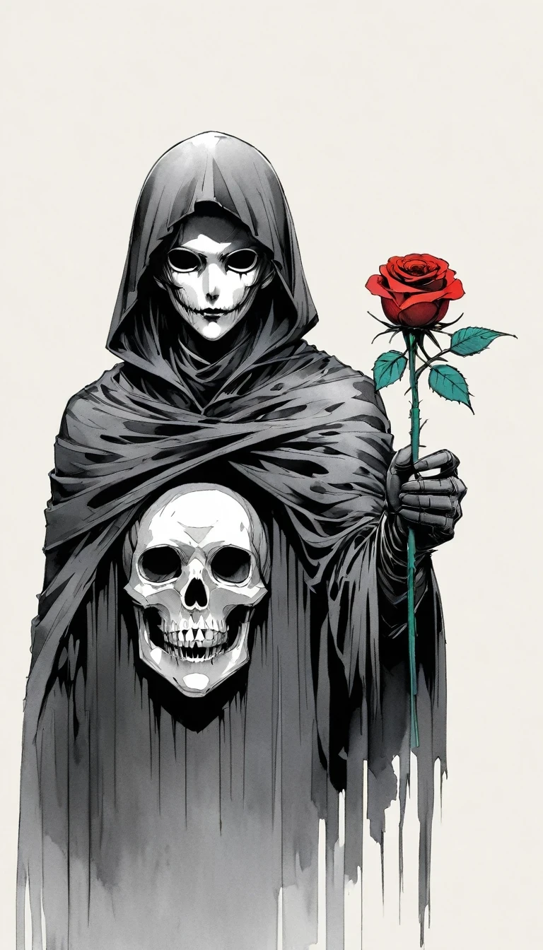 (Anime line drawing:1.5)，grim Reaper，(Black and White:1.45)，Minimalism，(Line Art:1.6)，sketch，charcoal drawing，Black Grim Reaper，Rose，Ominous Red，Blood splatter