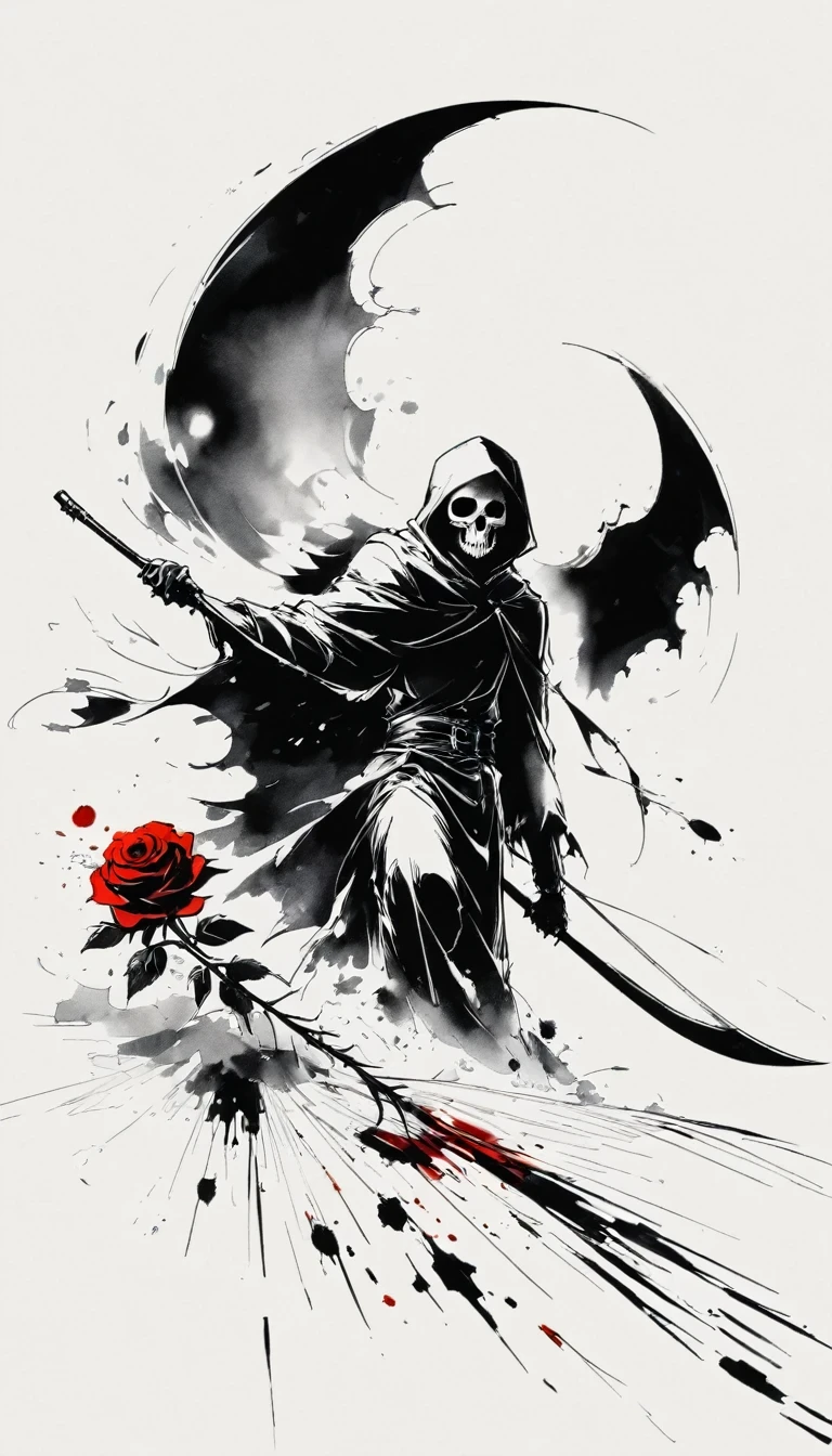 (Anime line drawing:1.5)，grim Reaper，(Black and White:1.45)，Minimalism，(Line Art:1.6)，sketch，charcoal drawing，Black Grim Reaper，Rose，Ominous Red，Blood splatter