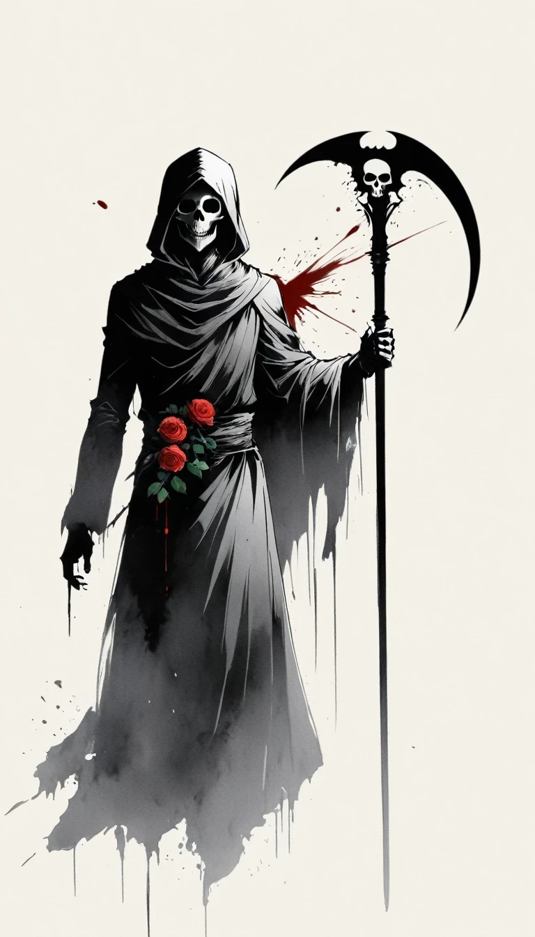 (Anime line drawing:1.5)，grim Reaper，(Black and White:1.45)，Minimalism，(Line Art:1.6)，sketch，charcoal drawing，Black Grim Reaper，Rose，Ominous Red，Blood splatter