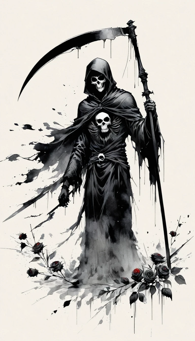 (Anime line drawing:1.5)，grim Reaper，(Black and White:1.45)，Minimalism，(Line Art:1.6)，sketch，charcoal drawing，Black Grim Reaper，Rose，Ominous Red，Blood splatter