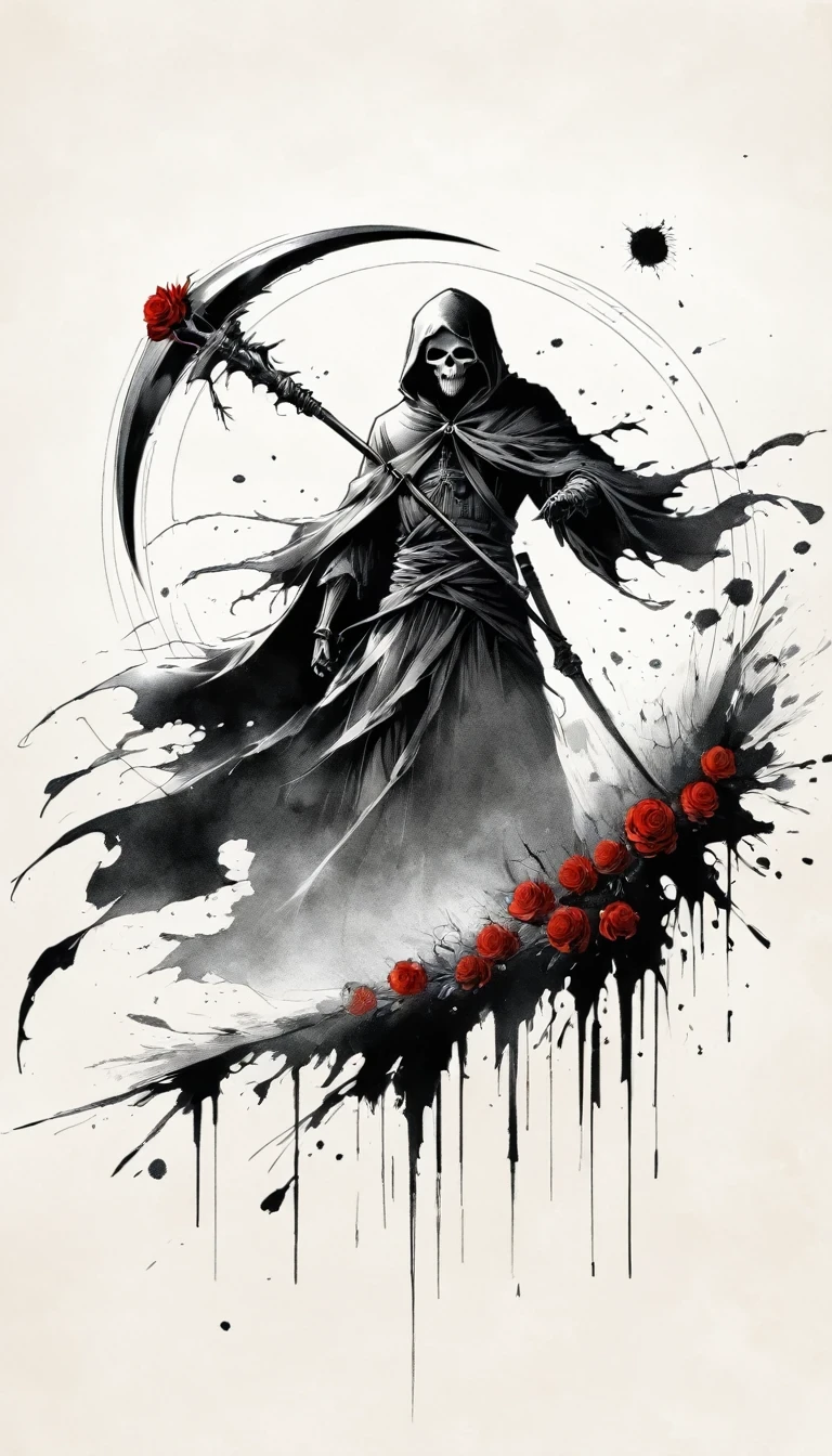 (Anime line drawing:1.5)，grim Reaper，(Black and White:1.45)，Minimalism，(Line Art:1.6)，sketch，charcoal drawing，Black Grim Reaper，Rose，Ominous Red，Blood splatter