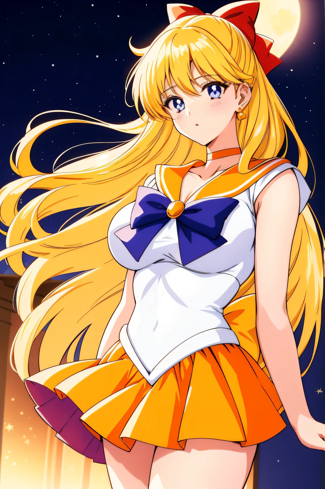 Top quality anime art、masterpiece、High definition anime art、Anime style 4K、High resolution、Sailor Warrior Uniform、Anime Auntie、Mature Woman、Mature Woman、Age Increase、Woman in her 40ILF、Minako Aino、Orange choker、Golden choker、bow、A woman with very long blonde hair、White gloves、Elbow Handbags、Orange Skirt、Golden Skirt、rating:safe、Sailor Venus、solo、Magical girl、Orange sailor collar、Gold sailor collar、Purple bow tie、Blue Eyed Woman、skirt、red_head_bow、yellow_back_bow、White leotard、High leg leotard、White Dress、jewelry、red_hair_bow、Earrings、A woman with very large breasts、Big Breasts、Circlet、mini skirt、Pleated skirt、Half Up Hair、violet _bowtie、Cowboy Shot、looking_at_viewer、Night Sky、A woman is standing、shiny、moon、expressionless、Bare shoulders、Bare legs、(1990s\(style\):0.9)、