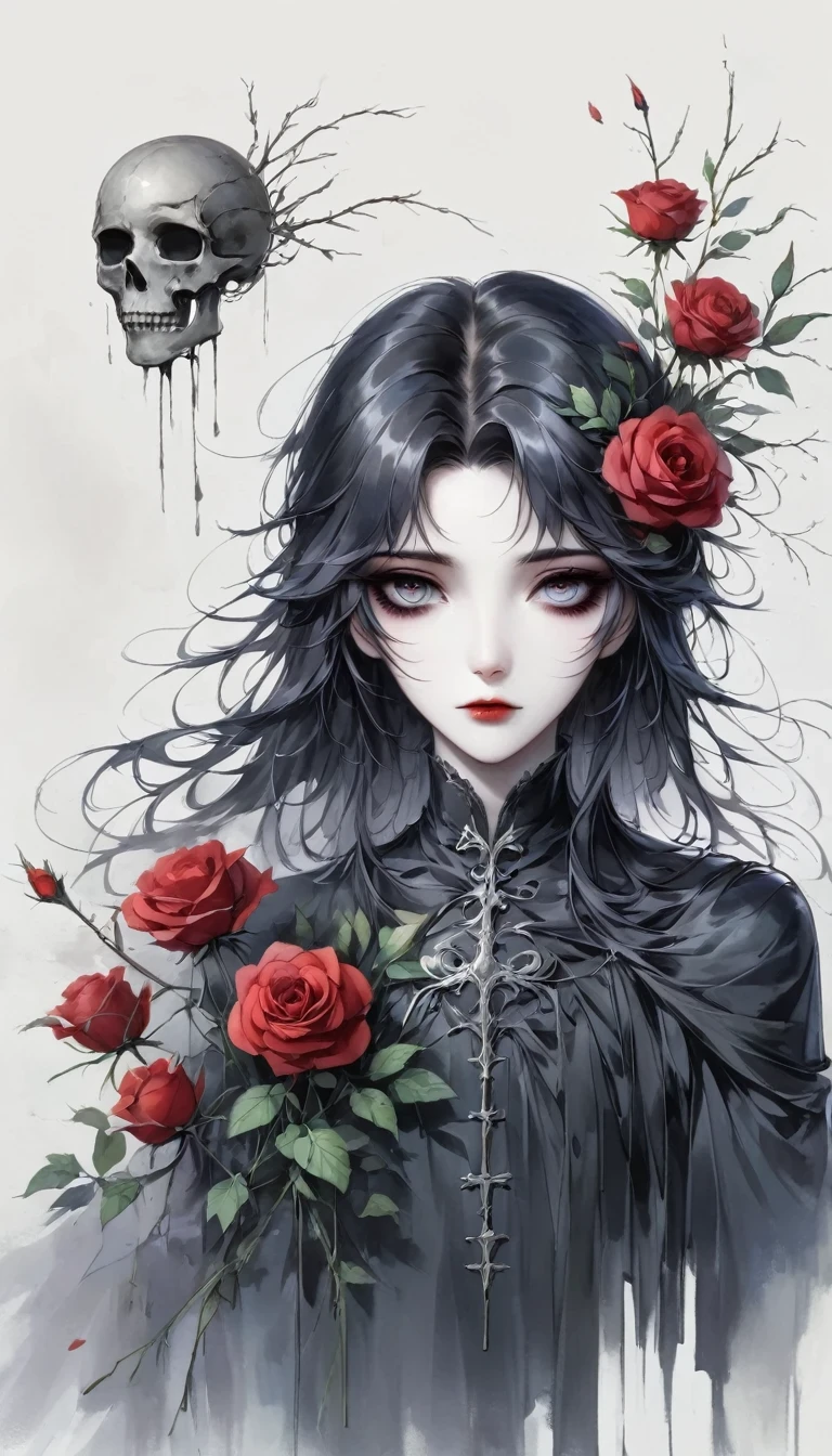 The Grim Reaper holding Wilted roses,Gloomy eyes, Heqiang,Wilted roses,Withered Death,Simplicity,abstract,Gothic,Dark