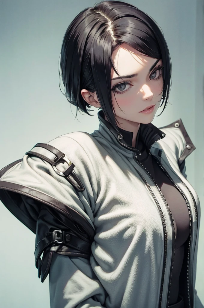 short hair,cabelo curto,Obra de arte, melhor qualidade, agrias, gray sweater, collant preto, standing, olhando para o espectador,belas coxas,roupa azul,olhar penetrante,evil look,oculos no rosto,melhor qualidade,best quality,looking at viewer,jaqueta preta,olhando para cima,olhando para cima,cabelo preto,franja nos olhos,sombra nos olhos,cidade a noite