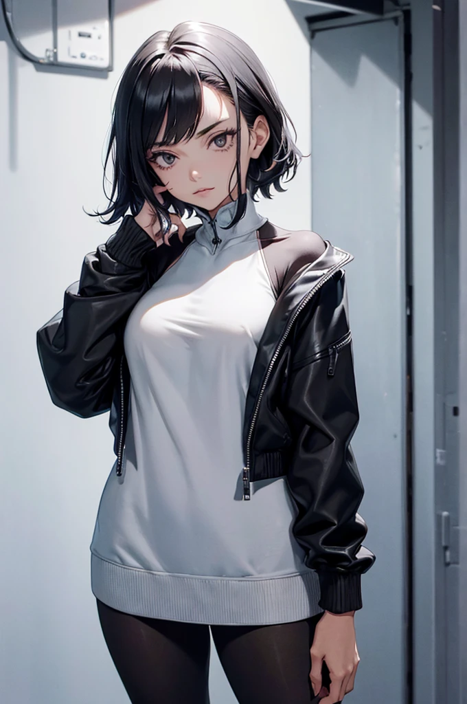short hair,cabelo curto,Obra de arte, melhor qualidade, agrias, gray sweater, collant preto, standing, olhando para o espectador,belas coxas,roupa azul,olhar penetrante,evil look,oculos no rosto,melhor qualidade,best quality,looking at viewer,jaqueta preta,olhando para cima,olhando para cima,cabelo preto,franja nos olhos,sombra nos olhos,cidade a noite
