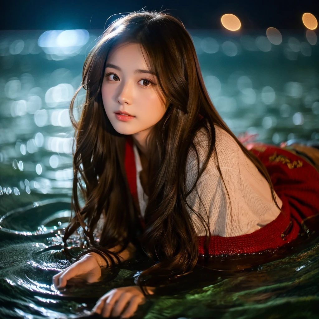 Beautiful girl with long hair floating on a lake at night、Ultra HD、8k、Realistic、Looks like she's not wearing any clothes、full moon、Moonlight、Alluring、Lying on your back、Overall、Masami Nagasawa、blue eyes