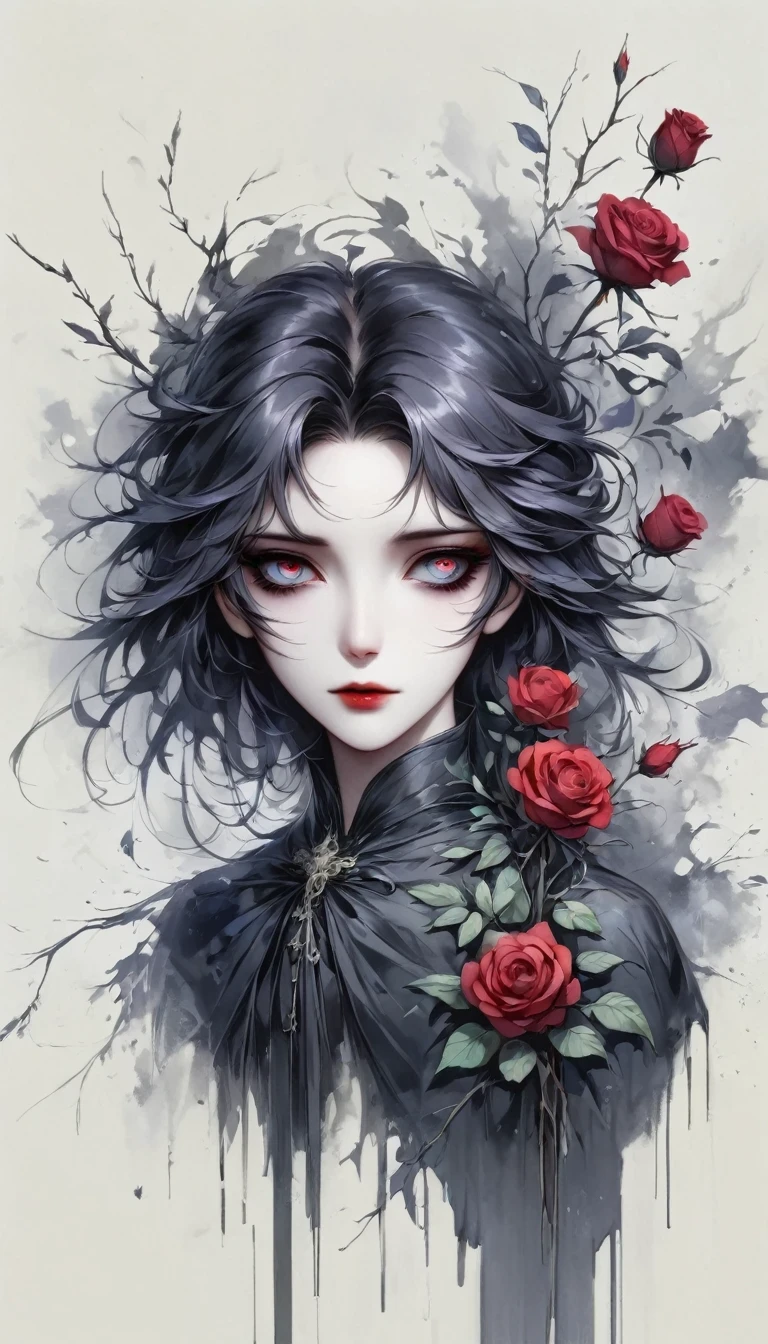 The Grim Reaper holding Wilted roses,Gloomy eyes, Heqiang,Wilted roses,Withered Death,Simplicity,abstract,Gothic,Dark
