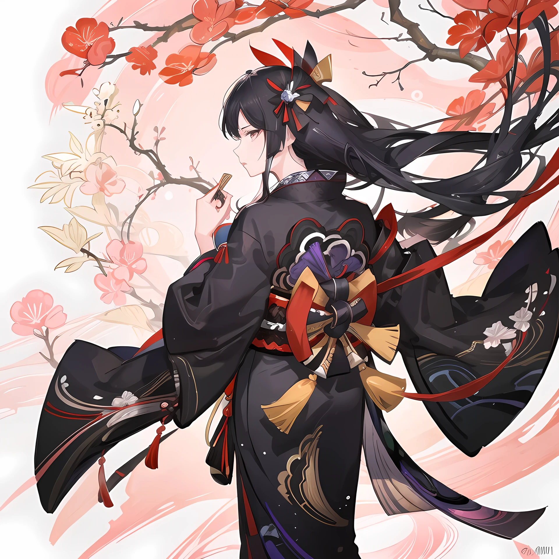1girl, short kimono, black kimono, long black hair, black eyes, powerful like character, basically like raiden shogun but not really, sorrowful, sad expression, long black socks, zoom in, profile picture, beautiful background, zoom in, holding a fan, facing towards camera, facing foward