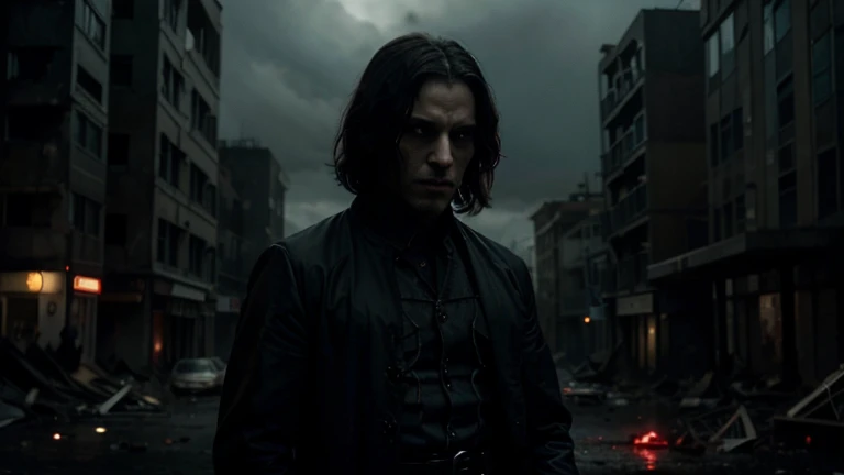 "A dark and ominous scene depicting the Antichrist. The Antichrist is portrayed as a charismatic and imposing figure, dressed in regal and modern attire, with an aura of malevolence and power. His expression is one of cunning and deceit, with eyes that convey a sense of sinister intent. Behind him, a large, glowing number '666' is prominently displayed, casting an eerie red light over the scene. The background features a dystopian landscape, with crumbling buildings and a sky filled with dark, swirling clouds. The overall atmosphere is one of foreboding and fear, capturing the essence of the Antichrist as a symbol of ultimate evil. The image size is 16:9, providing a widescreen view of the entire scene, emphasizing the scale and darkness of the moment."