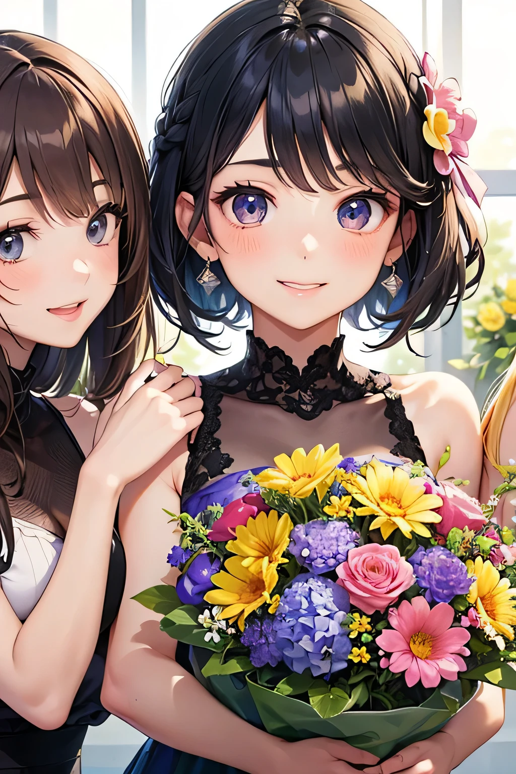 highest quality、High resolution、Detailed Background、(Beautiful face in every detail:1.4)、Anatomically correct、(Draw the usual number of fingers:1.2)、(Detailed facial expressions)、(Detailed eyes:1.2)、(Detailed eyes:1.2)、Beautiful, smooth skin、Teenage beauty、(Highly detailed face:1.4)、cute hair color、Braided Ponytail、Braided bob cut、cute hairstyle、well-groomed eyebrows、Cute gestures、Fits in one screen、
(Three beautiful girls having fun together with big smiles:1.5)、
At the Flower Camp you can pick your own flowers and enjoy them.、
Participants can explore the flower fields and gardens and pick their favorite flowers in areas permitted at the campground or flower fields.、
You can touch fresh flowers and enjoy their beauty and fragrance.、
Flower camps sometimes include flower arranging experiences.、
Participants can create their own original flower arrangements using flowers they picked themselves or the floral materials provided.、
Enjoy the fun of arranging flowers according to your own taste and sensibility.、cute