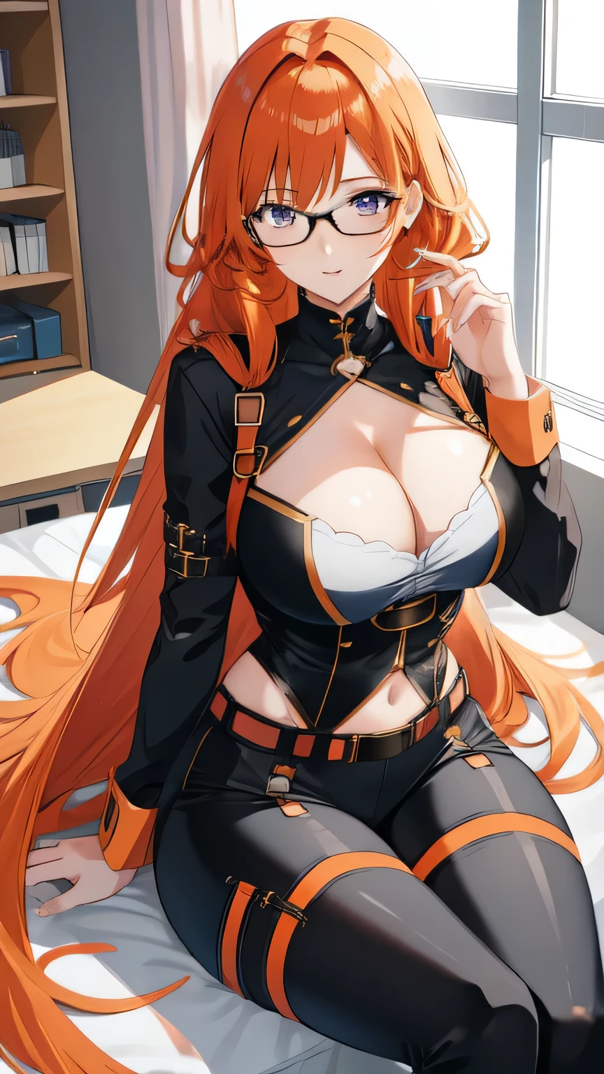 1girl, anime, long hair, orange hair, wavy hair, chest belt, chest harness,, large breasts, cleavage, leggings, thick thighs, beauty mark, slim waist, glasses, sitting, stockings, classroom, best quality, teacher, mature woman,