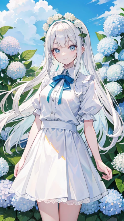 white hair,long hair,Bangs,Bangs整齐,Green hairband,Gray eyes,girl,Lovely,Smiling expression,Happy and happy expression,White shirt,skirt,Standing on the ground,Eight,whole body,Don't show your arms,Hydrangea in the background,Lots of hydrangeas,Blue sky and white clouds