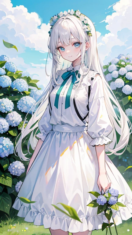 white hair，long hair，Bangs，Bangs整齐，Green hairband，Gray eyes，girl，Lovely，Smiling expression，Happy and happy expression，White shirt，skirt，Standing on the ground，Eight，whole body，Don't show your arms，Hydrangea in the background，Lots of hydrangeas，Blue sky and white clouds