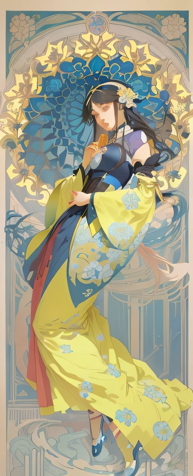 The painting shows a woman wearing a dress、Woman holding a fan, alphonse a lot of cgsociety, korean Art Nouveau anime, alfons a lot of ， from China, alphonse a lot of style, alphonse a lot of and rossdraws, a lot of. Art Nouveau. groom harbor, artgerm a lot of, Inspired by Alphonse Mucha, James Jean & alphonse a lot of