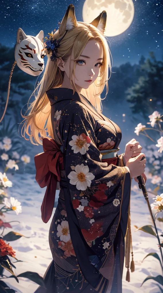 masterpiece, high quality, 4K, Beautiful design, silhouette,blonde, 非常に詳細な夜のStarry Sky,Flower Field, wonderful, Finer details, Very knowledgeable woman, Highly detailed solo, 1 female,Beautiful Eyes,Fox mask template,I like rumors,Big Breasts,Red colored kimono,Night view,Starry Sky,full moon,